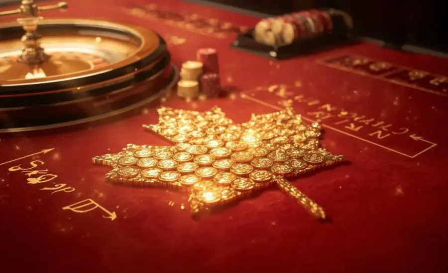 Feuille d’érable formée de pièces dorées sur une table de roulette de casino, représentant les bonus casino Interac pour les joueurs canadiens.