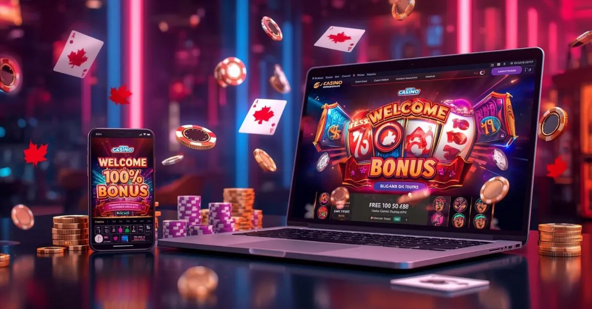 Ordinateur portable et smartphone affichant un casino en ligne avec un bonus de bienvenue 100 %, entourés de jetons, cartes à feuille d’érable et pièces flottantes.