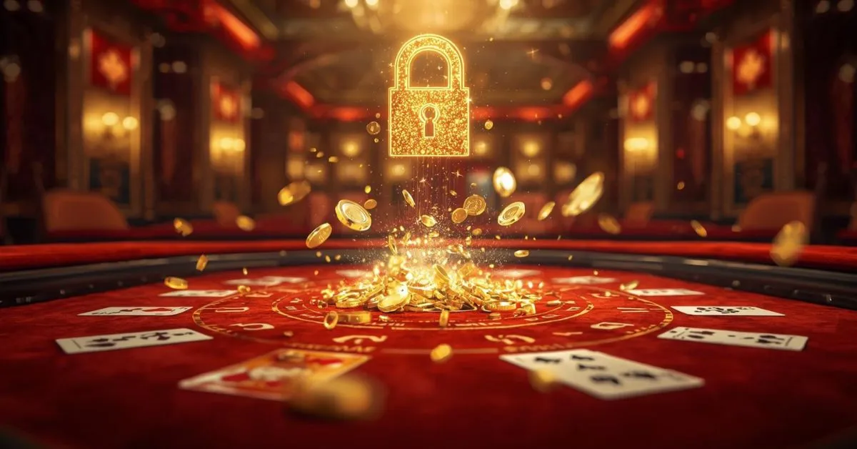 Cadenas doré brillant au-dessus d’une table de casino avec pièces et cartes, symbolisant un bonus casino sans condition de mise.