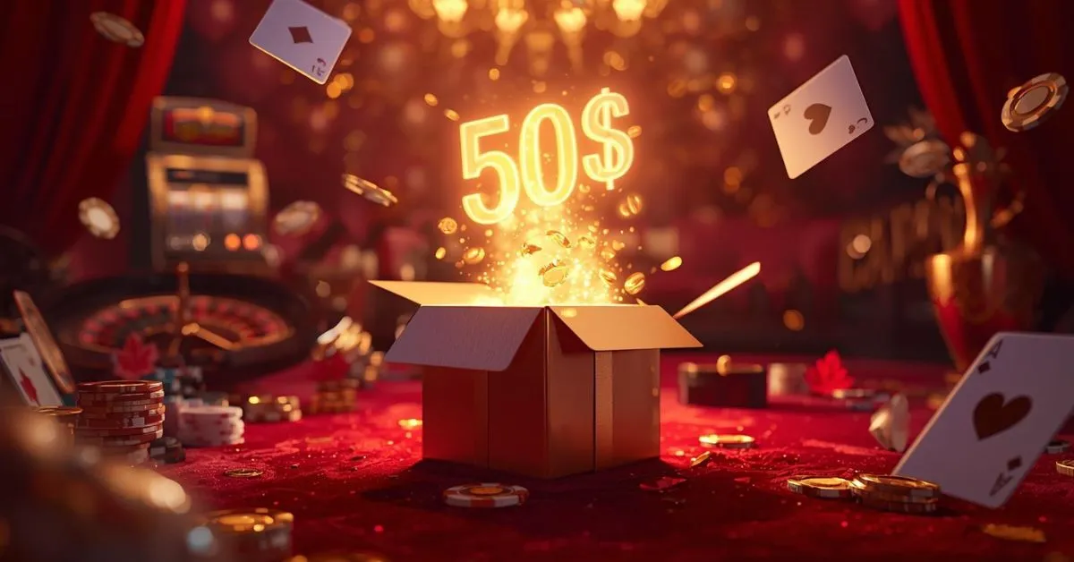Boîte cadeau ouverte dans un décor de casino avec pièces, cartes et jetons flottants, affichant un bonus sans dépôt de 50 $.