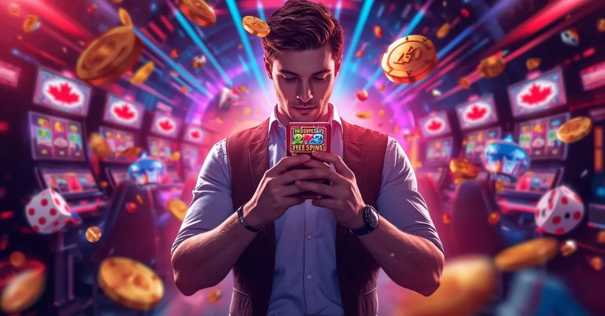 Jeune homme regardant son téléphone dans un casino lumineux, entouré de machines à sous, de pièces d’or en suspension et de symboles canadiens, avec une offre de tours gratuits affichée sur l’écran.