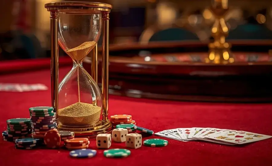 Sablier posé sur une table de casino avec jetons, dés et cartes, illustrant le délai d’expiration des bonus casino.