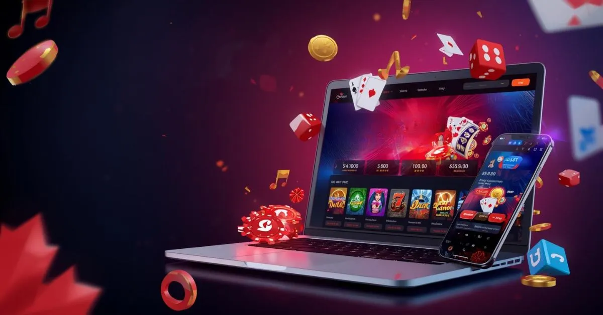 Ordinateur portable et smartphone affichant un casino en ligne avec machines à sous, cartes, dés et pièces flottantes, sur fond lumineux avec symbole de feuille d’érable représentant les bonus casino pour joueurs canadiens.